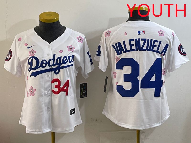 Youth Los Angeles Dodgers #34 Valenzuela White Sakura Edition 2025 Nike MLB Jersey style 7->youth mlb jersey->Youth Jersey